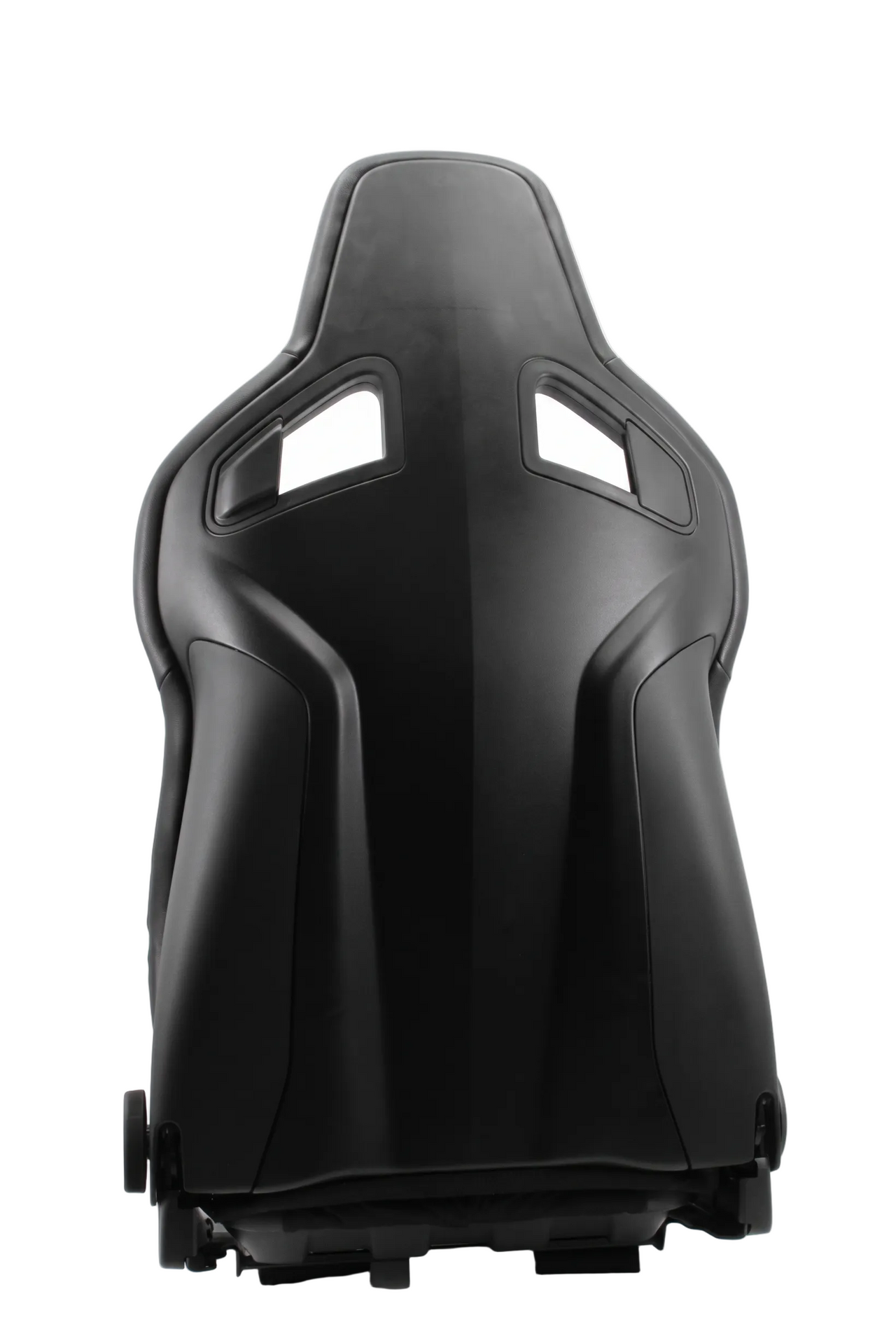 A black racing bucket seat with integrated headrest and side bolster supports, photographed from the rear against a plain white background.