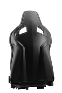 Thumbnail for A black racing bucket seat with integrated headrest and side bolster supports, photographed from the rear against a plain white background.