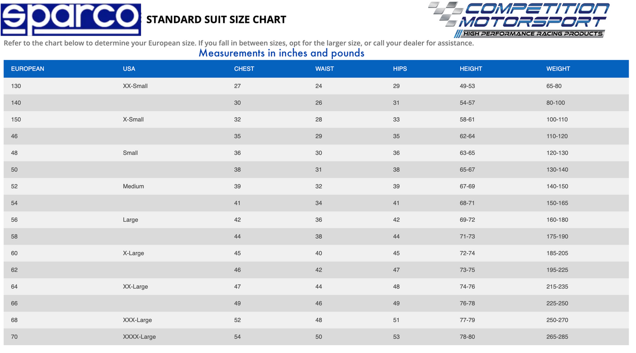 Sparco Extrema S Race Suit SIZE CHART IMAGE