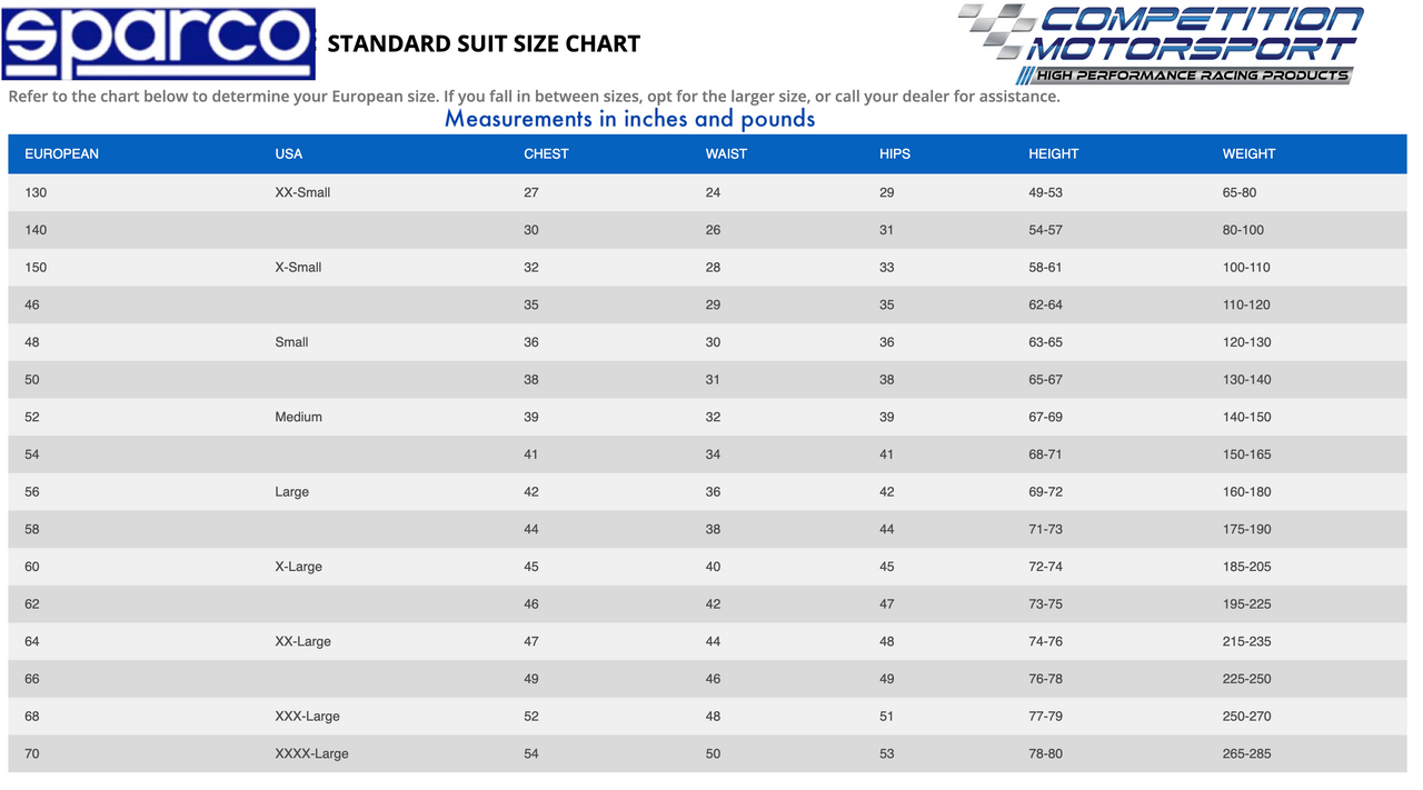 Sparco Superleggera Race Suit (Discontinued Colorways) SIZE CHART IMAGE