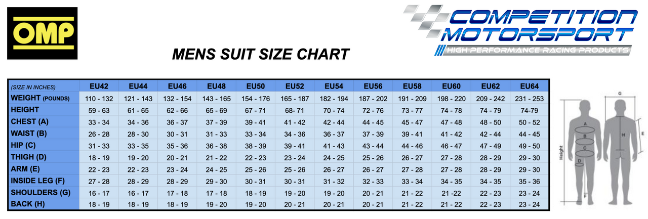 OMP FIRST-S Driver Race SuitSize Chart Image