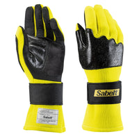 Thumbnail for Yellow Sabelt TG-3 Mechanic Gloves with black palm, FIA certification patch, and wrist strap.