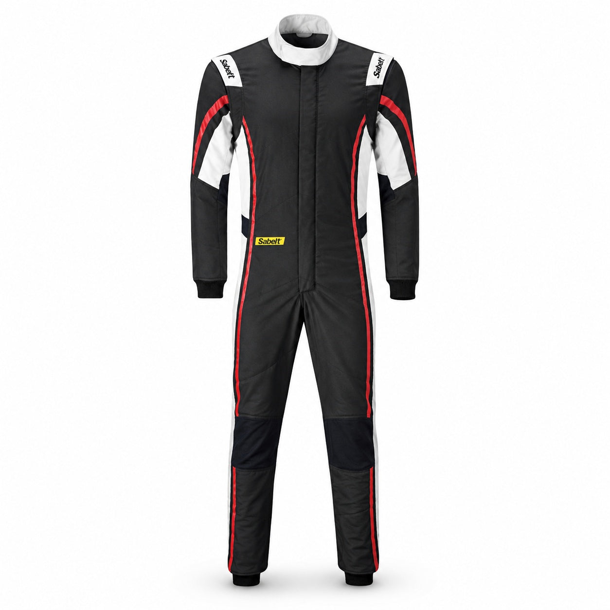 Sabelt TS-10 black and red driver race suit with white shoulder accents on a clean white background