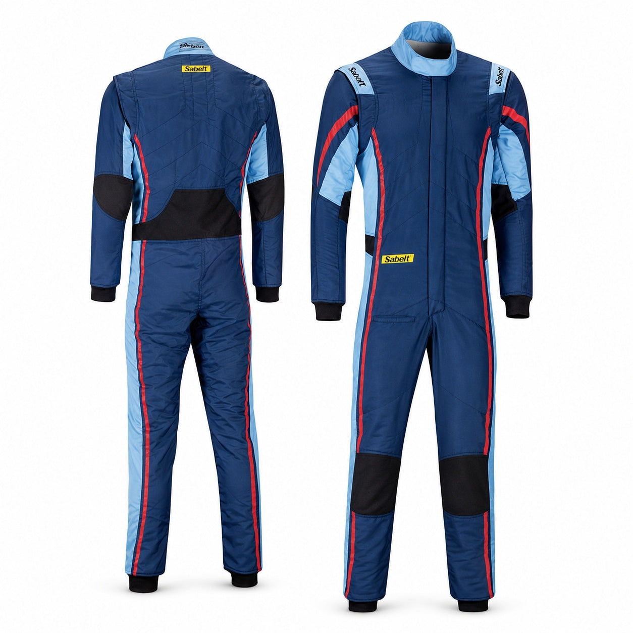 Sabelt TS-10 blue driver race suit showing front and back views with light blue and red accents on a clean white background
