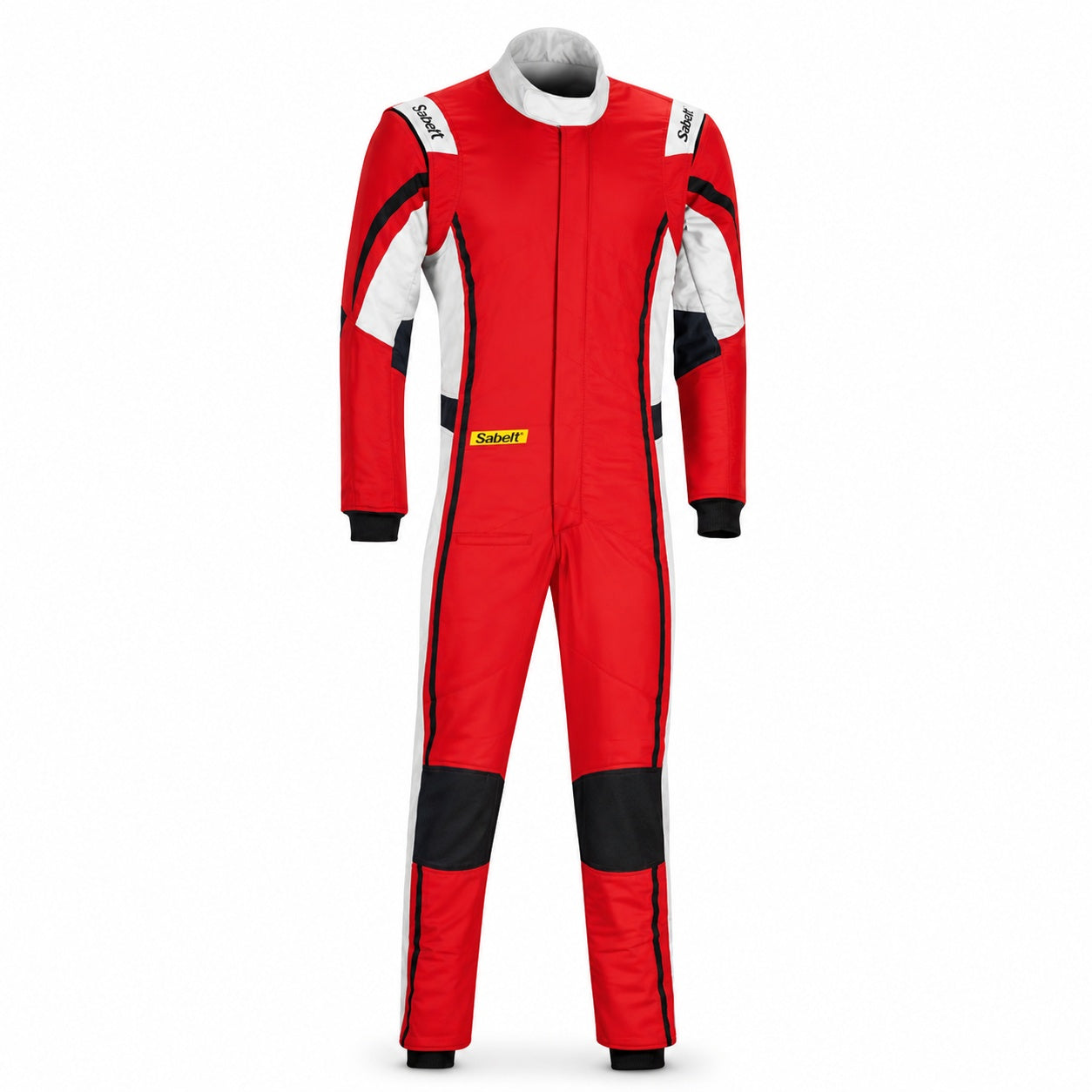 Sabelt TS-10 red driver race suit with black and white accents on a clean white background