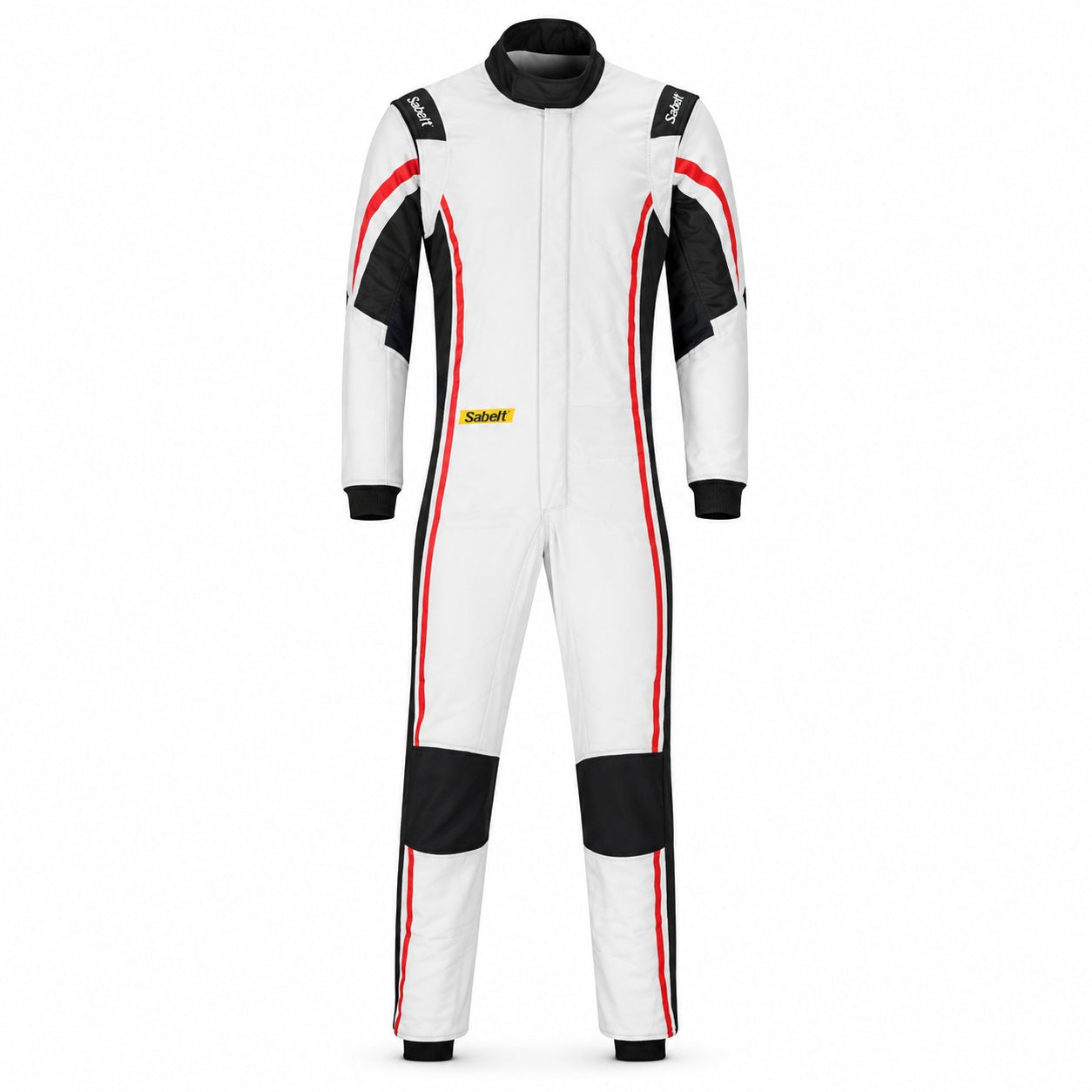 Sabelt TS-10 white and red driver race suit with black panels on a clean white background