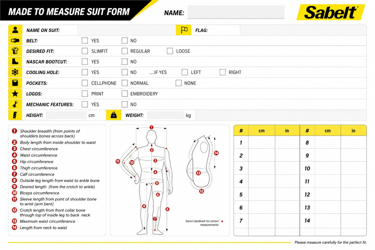 Sabelt suit measurement form with body measurements chart and customization options.