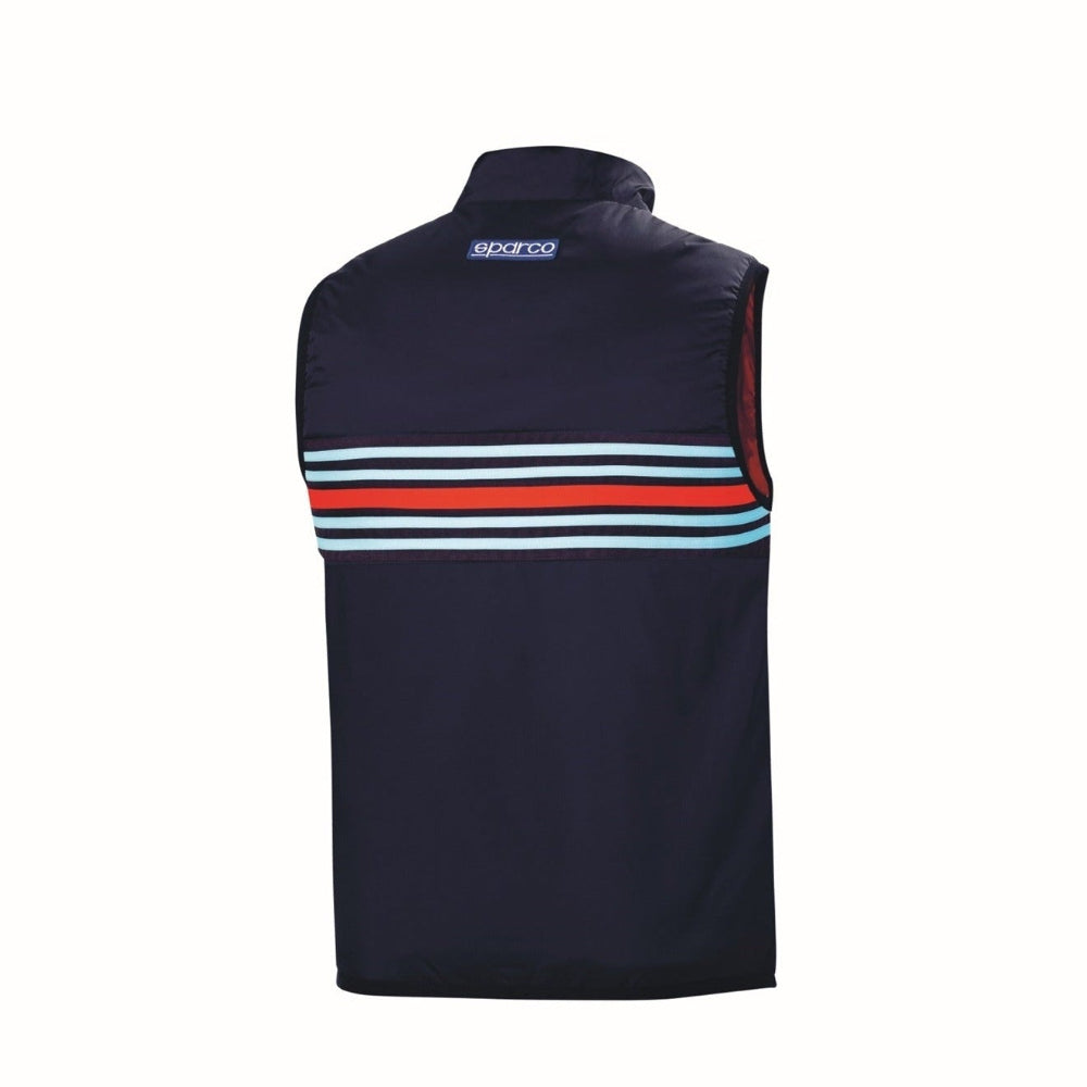 Back view of Sparco Martini Racing Replica Vest in navy with horizontal Martini striping and Sparco logo-image

