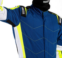 Thumbnail for Sparco-kerb-advanced-kart-race-suit-blue-yellow-closeup-front-discount-offer-deal-best-price-sale-image