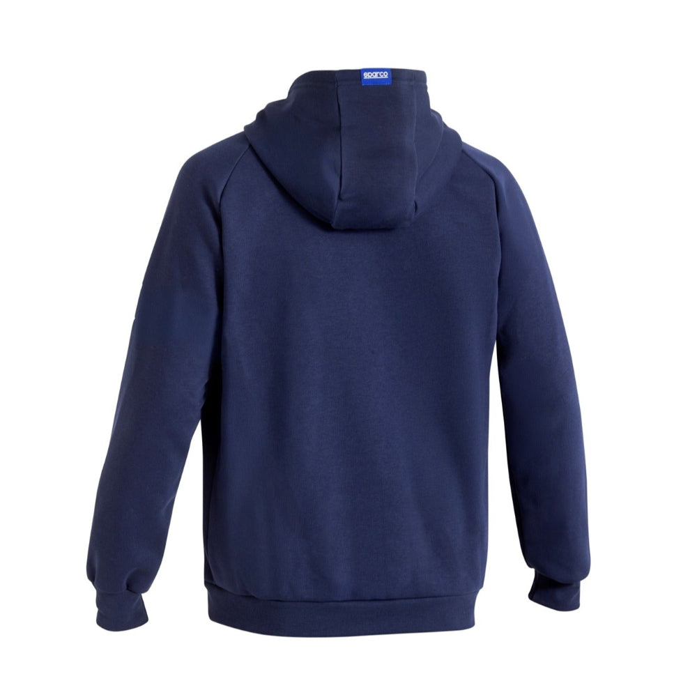 Back view of navy Sparco Gulf Hooded Full Zip highlighting hood structure and simple rear profile.

