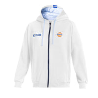 Thumbnail for Front of white Sparco Gulf Hooded Full Zip jacket with blue inner hood, Gulf and Sparco logos, and full zip design.