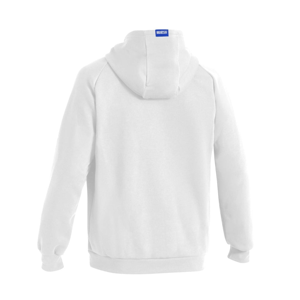 Rear view of white Sparco Gulf Hooded Full Zip showing plain back and hood with Sparco tag.