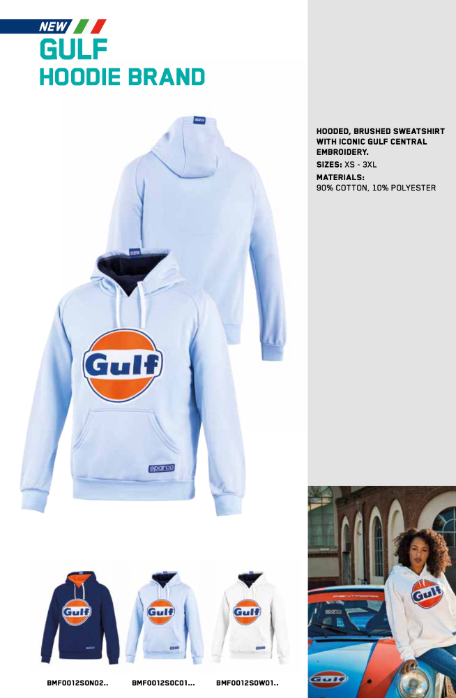 Sparco Gulf Hoodie in Celeste Blue with large Gulf logo, shown in front and back views, alongside navy and white color options and lifestyle photo near Gulf-liveried car.

