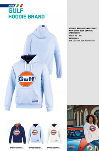 Thumbnail for Sparco Gulf Hoodie in Celeste Blue with large Gulf logo, shown in front and back views, alongside navy and white color options and lifestyle photo near Gulf-liveried car.

