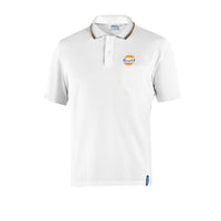 Thumbnail for Front of white Sparco Gulf Polo with Gulf logo on chest, ribbed collar with orange and navy trim, and two-button closure.