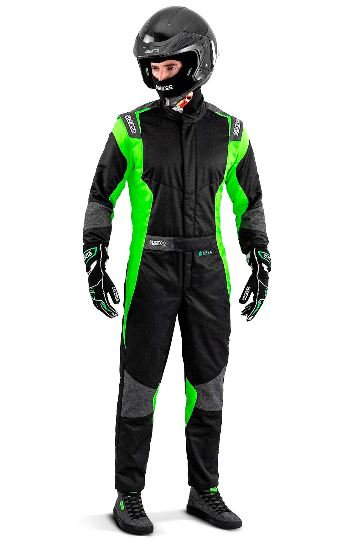 Sparco Futura Race Suit Black / Green Driver Front Image