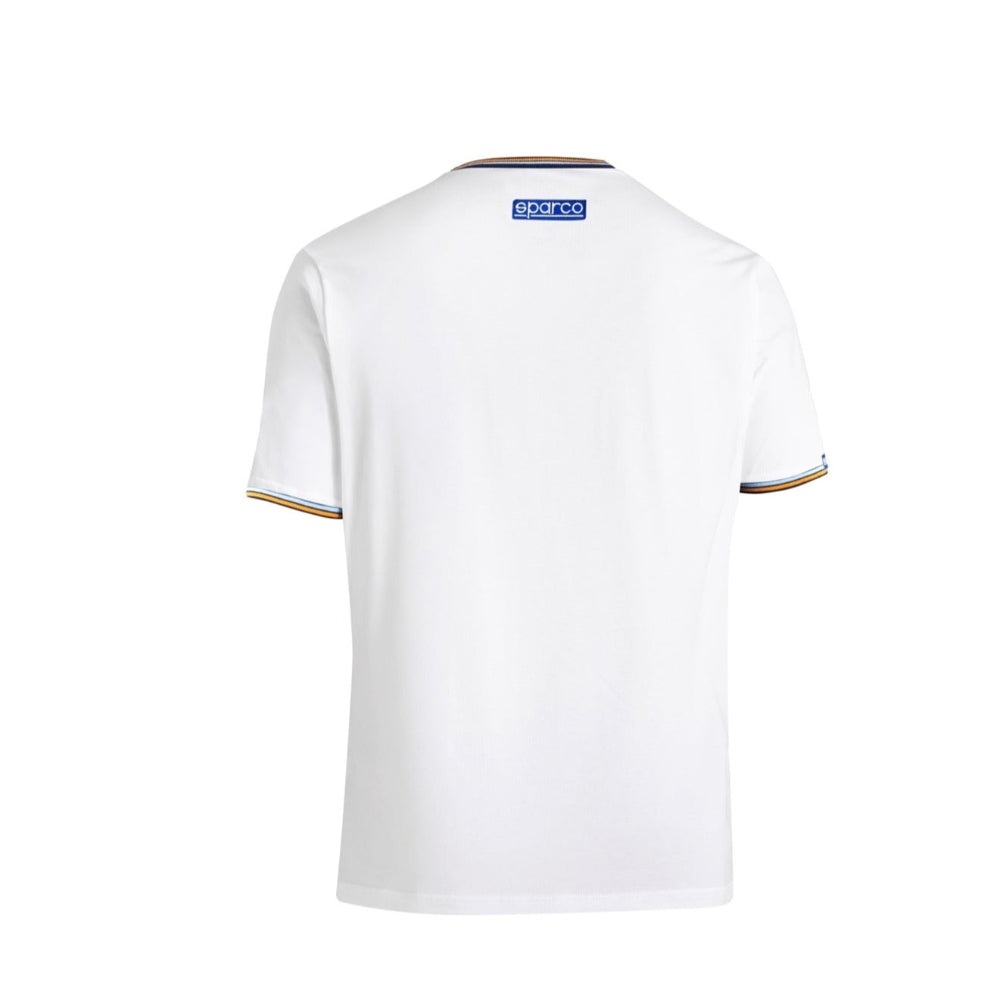 Back view of a white Sparco Gulf Heritage T-shirt featuring a blue Sparco logo at the upper back and contrast trim on the sleeves and neckline.