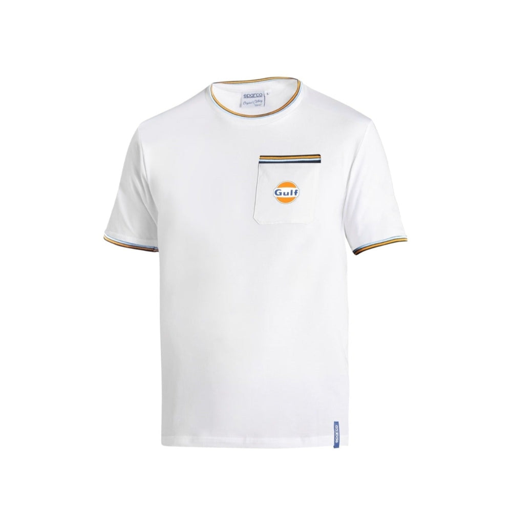 Front view of a white Sparco Gulf Heritage T-shirt with a Gulf logo on the chest pocket and striped accent trim on the collar and sleeves.