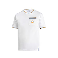 Thumbnail for Front view of a white Sparco Gulf Heritage T-shirt with a Gulf logo on the chest pocket and striped accent trim on the collar and sleeves.