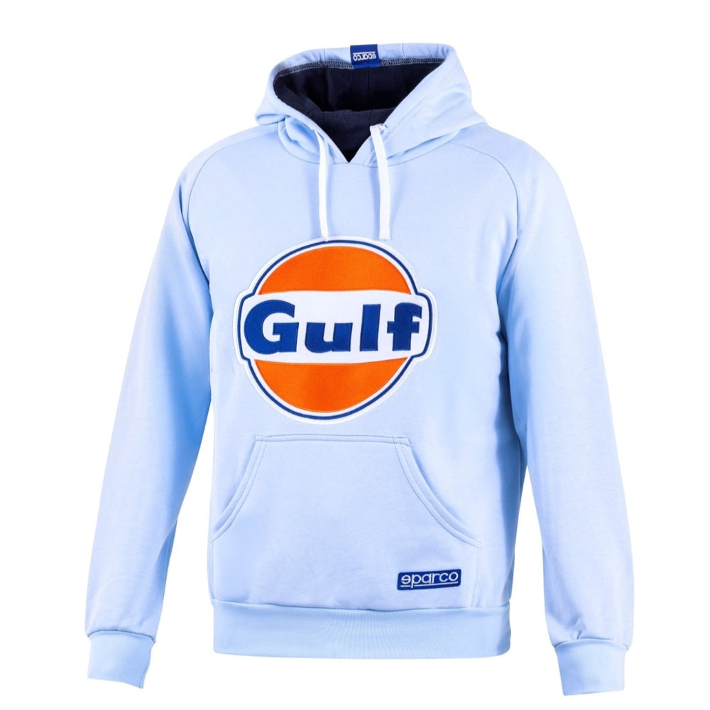 Light blue Sparco Gulf Hoodie with oversized Gulf logo on the chest and white drawstrings.