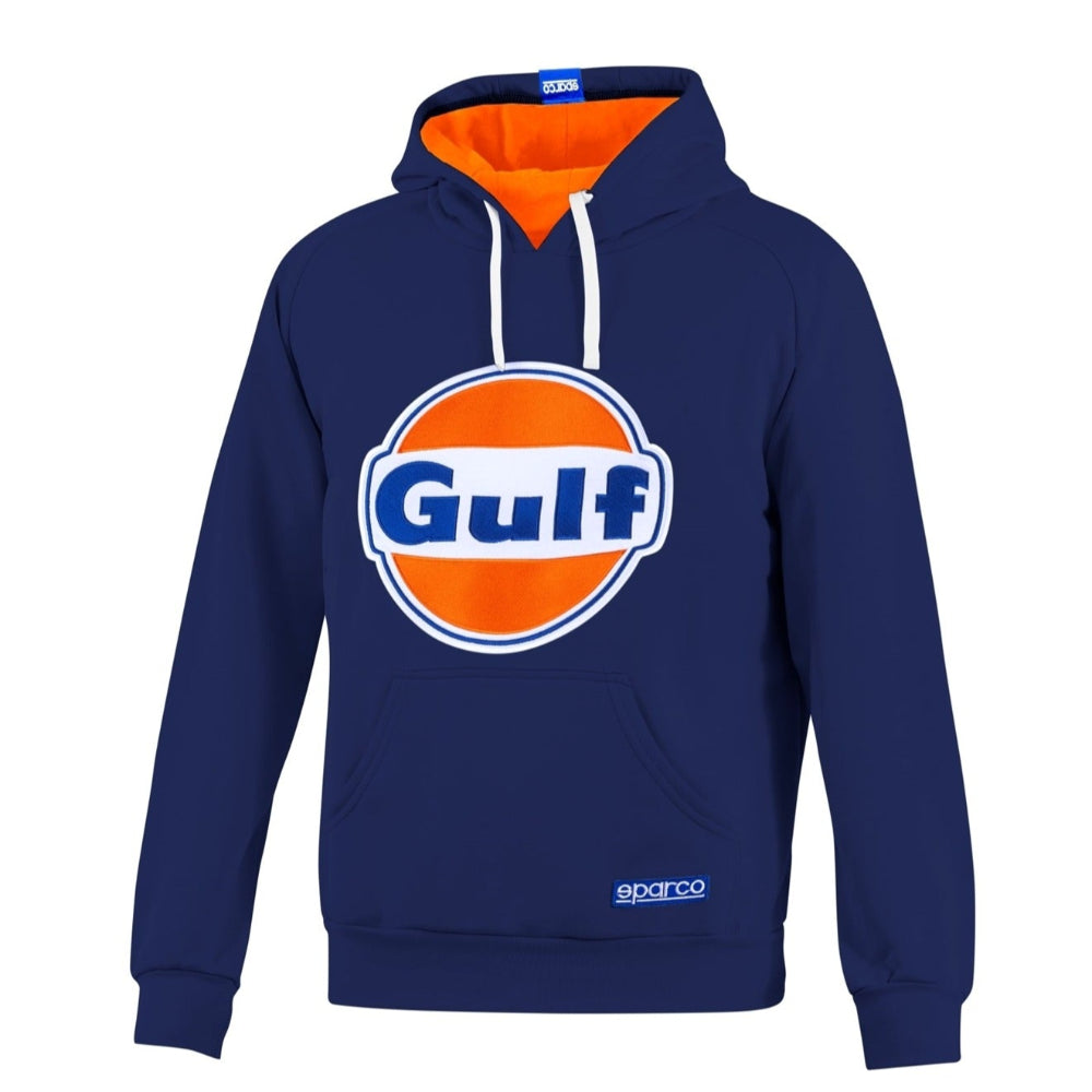 Navy Sparco Gulf Hoodie featuring bold Gulf logo, orange hood lining, and front pocket.