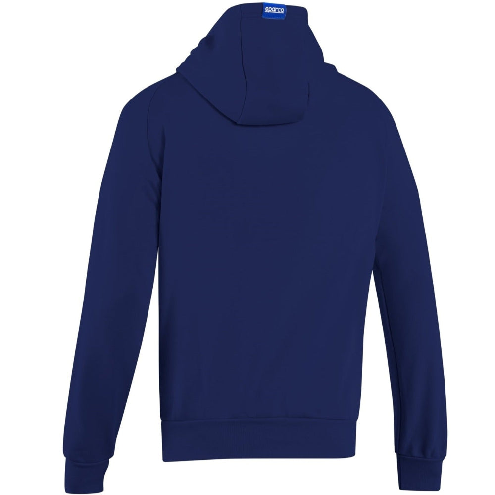 Rear view of navy Sparco Gulf Hoodie with clean styling and blue Sparco tag at the top of the hood.