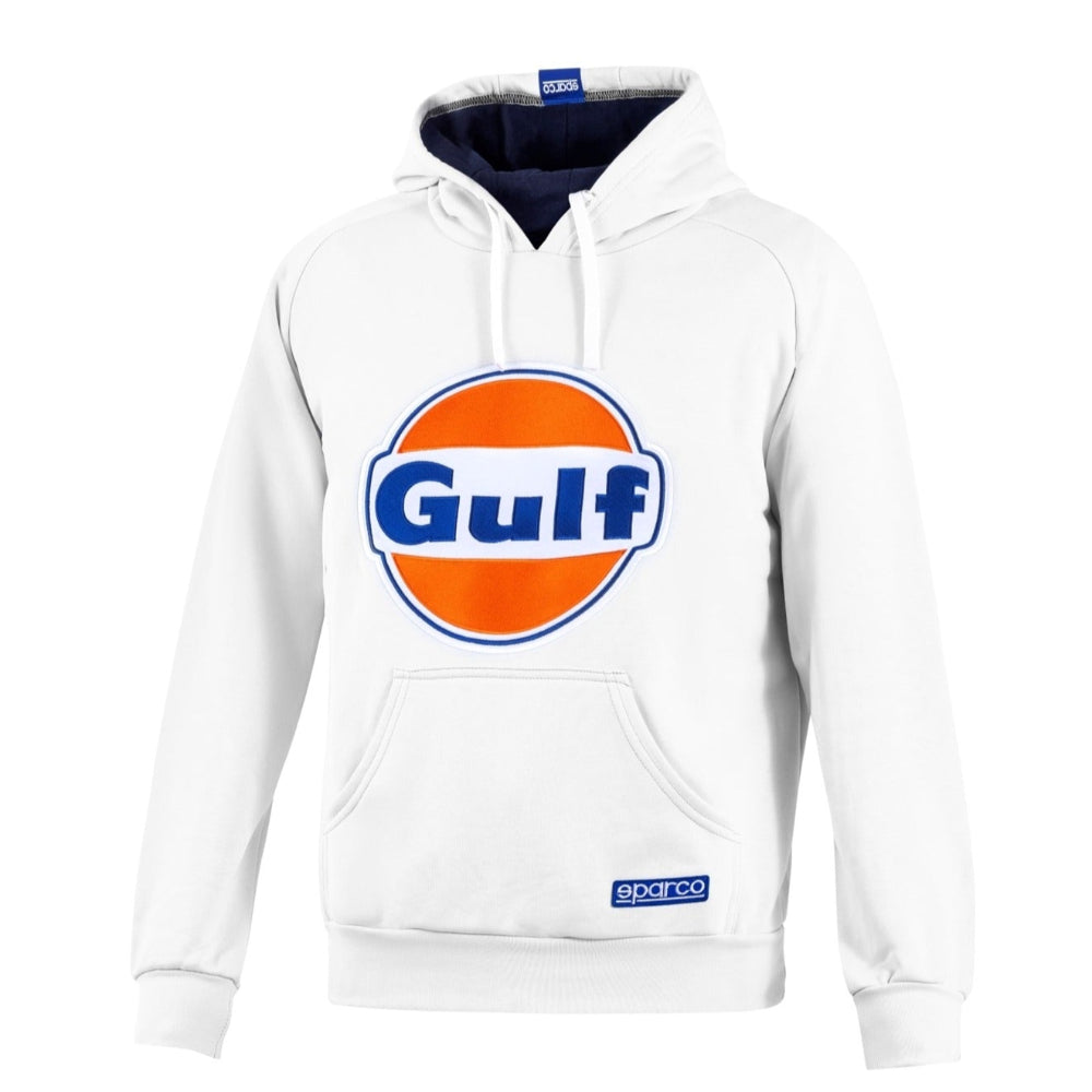 White Sparco Gulf Hoodie with large Gulf emblem and contrast dark blue inner hood.