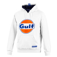 Thumbnail for White Sparco Gulf Hoodie with large Gulf emblem and contrast dark blue inner hood.