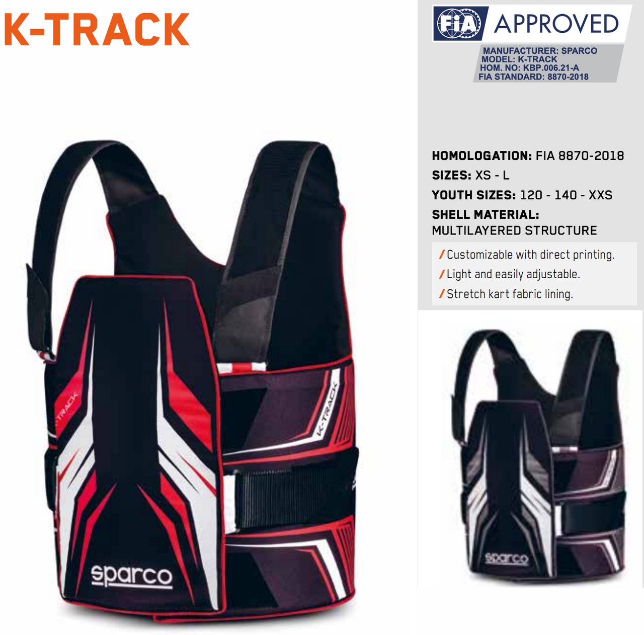 Driving Vest Rib Protector Racing Sparco K-Track Kart Racing Rib Protector in stock 844-438-7244 ...