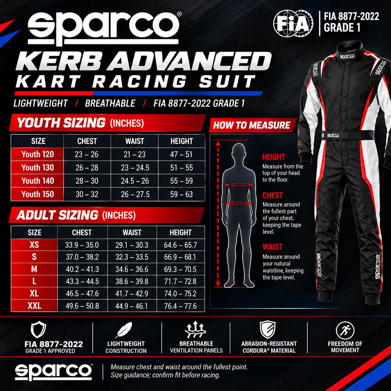 Sparco Kerb Advanced Kart Racing Suit sizing chart and guide in black, white, and red, featuring size tables for youth and adult, a measurement guide with a human silhouette diagram, and a product image of the racing suit on the right.