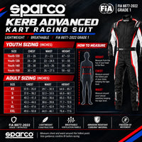 Thumbnail for Sparco Kerb Advanced Kart Racing Suit sizing chart and guide in black, white, and red, featuring size tables for youth and adult, a measurement guide with a human silhouette diagram, and a product image of the racing suit on the right.