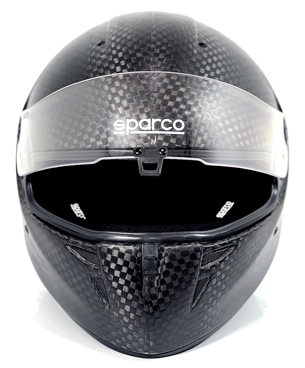 Sparco Prime RF-10 8860 Supercarbon Helmet - Front View Image" Get a close look at the front view of the Sparco Prime RF-10 8860 Supercarbon Carbon Fiber Helmet in this image, showcasing its cutting-edge design.