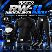Thumbnail for Sparco RW-11 seamless Nomex underlayer bundle with RW-10 balaclava, RW-11 shirt, RW-11 pants, and RW-10 compression socks in black.