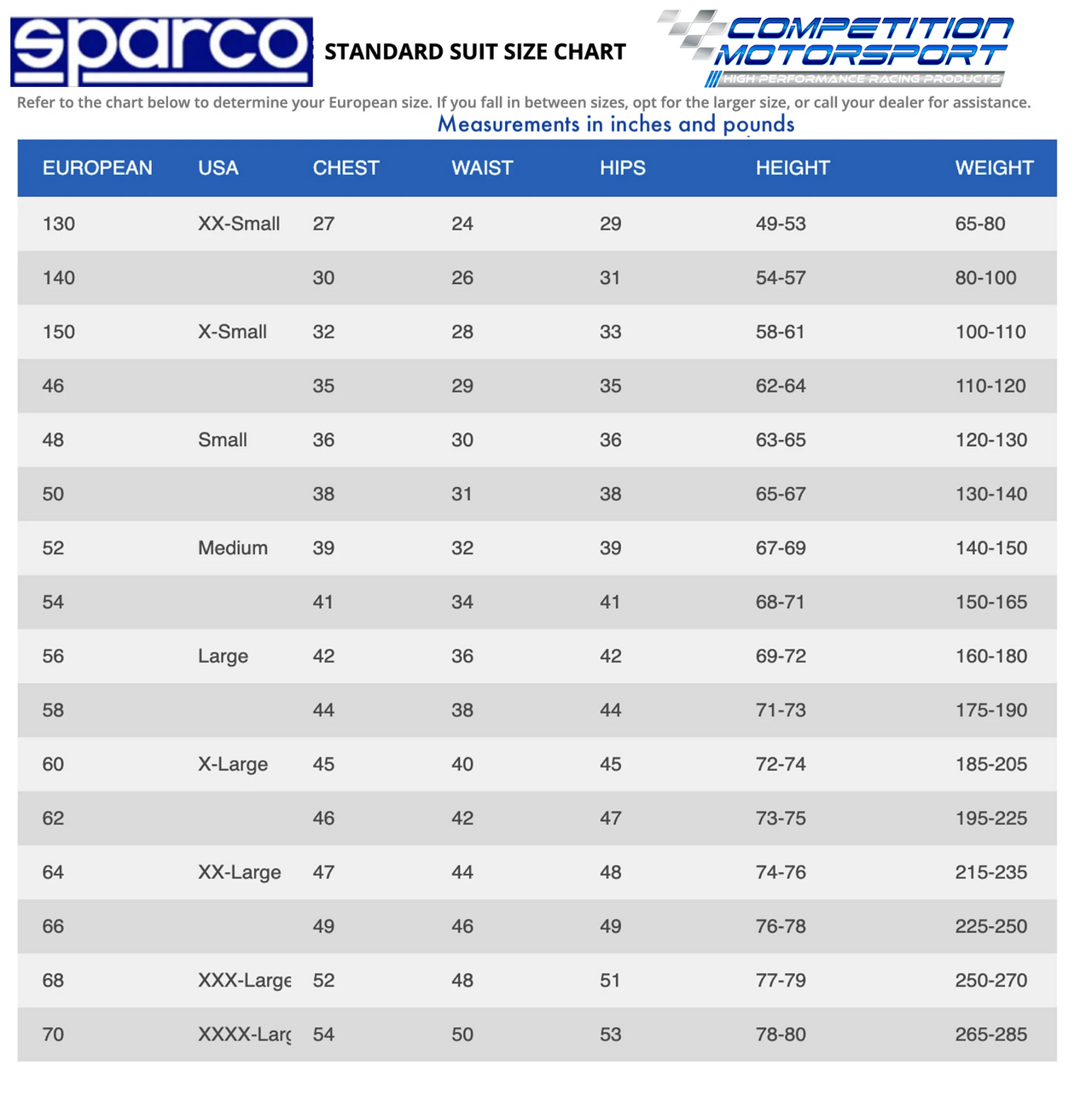 Sparco Prime LT Race Suit - Limited Edition Size Chart Image