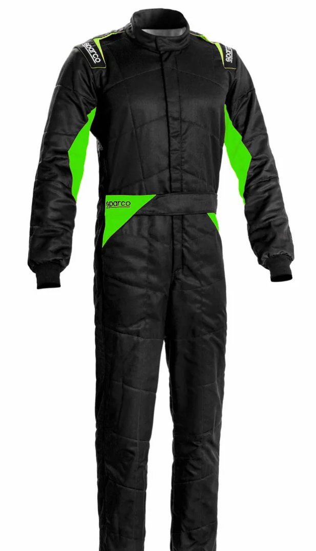 A Sparco Sprint Race Suit in black color with white and green accents, featuring fully-floating sleeves and ultra-soft knit arm and leg cuffs.