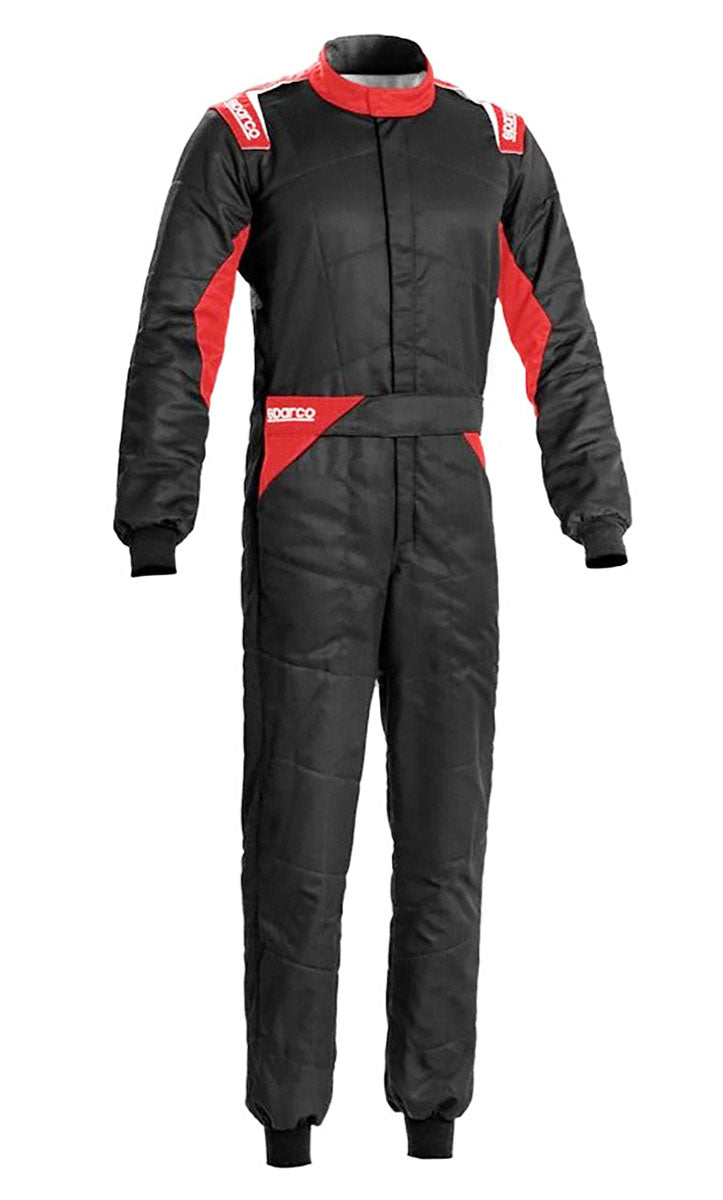 A Sparco Sprint Race Suit in Red color with white and gray accents, featuring fully-floating sleeves and ultra-soft knit arm and leg cuffs.