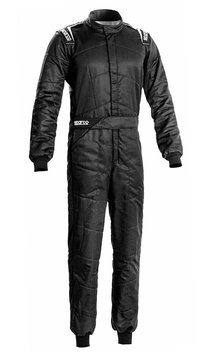 A Sparco Sprint Race Suit in black with white and gray accents, featuring fully-floating sleeves and ultra-soft knit arm and leg cuffs.
