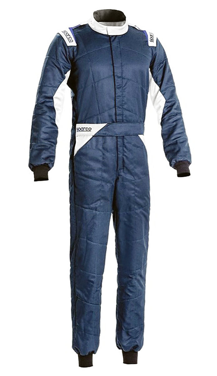 A Sparco Sprint Race Suit in blue color with white and gray accents, featuring fully-floating sleeves and ultra-soft knit arm and leg cuffs.