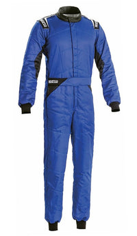 Thumbnail for A Sparco Sprint Race Suit in blue color with white and gray accents, featuring fully-floating sleeves and ultra-soft knit arm and leg cuffs.