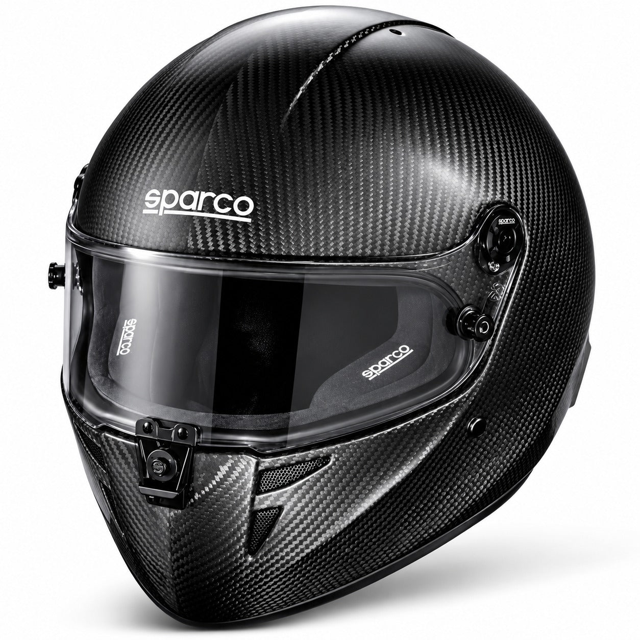 Sparco Stealth KF Carbon Fiber karting helmet featuring exposed black carbon fiber shell, clear visor, red interior padding, chin ventilation, and Sparco branding.