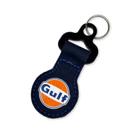 Thumbnail for Sparco Gulf keychain featuring iconic orange and blue Gulf logo on navy leather with blue stitching