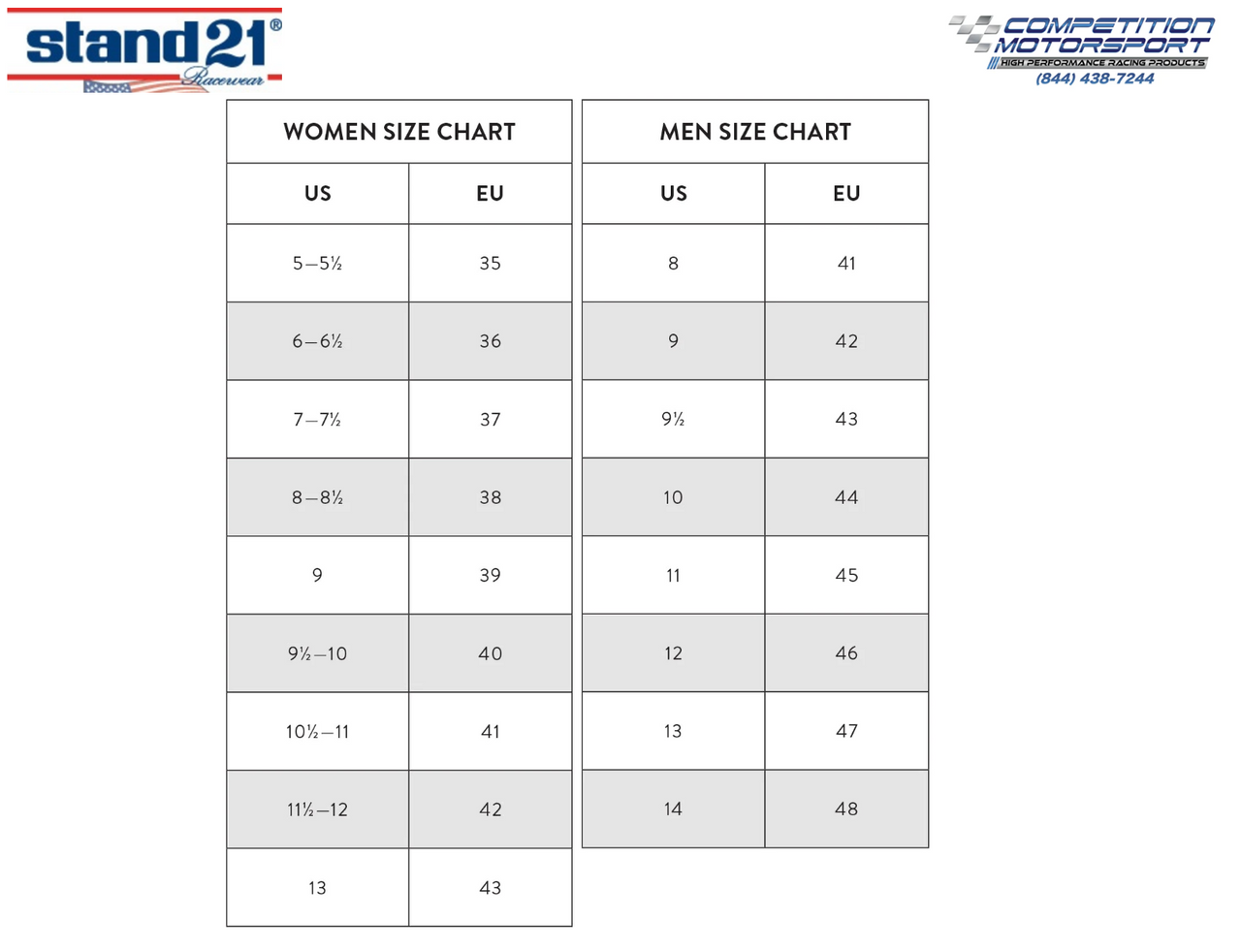 Stand21 Porsche Motorsport Daytona 3 Racing Shoe (FIA 8856-2018) Size Chart Image