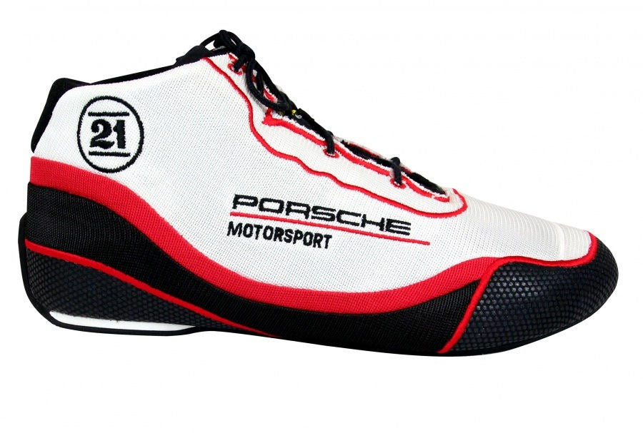 A black and red Stand21 Porsche Motorsport Air-S Speed Racing Shoe with ankle support and branded with Porsche Motorsport logo.