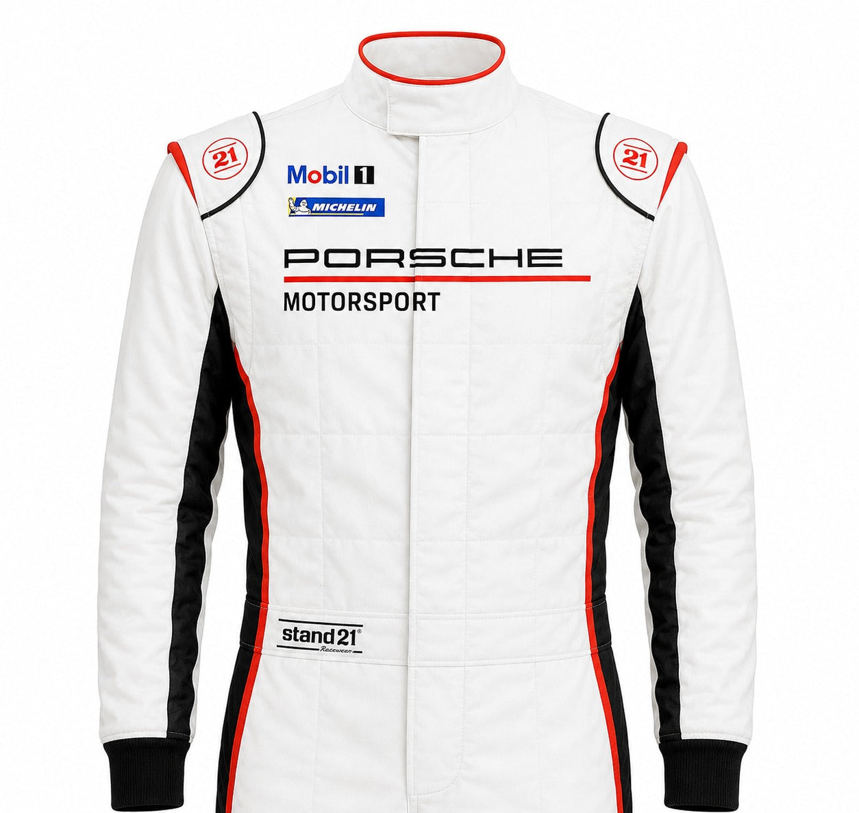 A white Porsche Motorsport racing suit with black and red side panels, featuring sponsor logos including Mobil 1, Michelin, and stand21 on a plain white background.