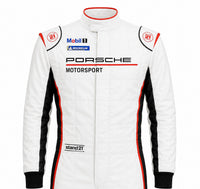 Thumbnail for A white Porsche Motorsport racing suit with black and red side panels, featuring sponsor logos including Mobil 1, Michelin, and stand21 on a plain white background.