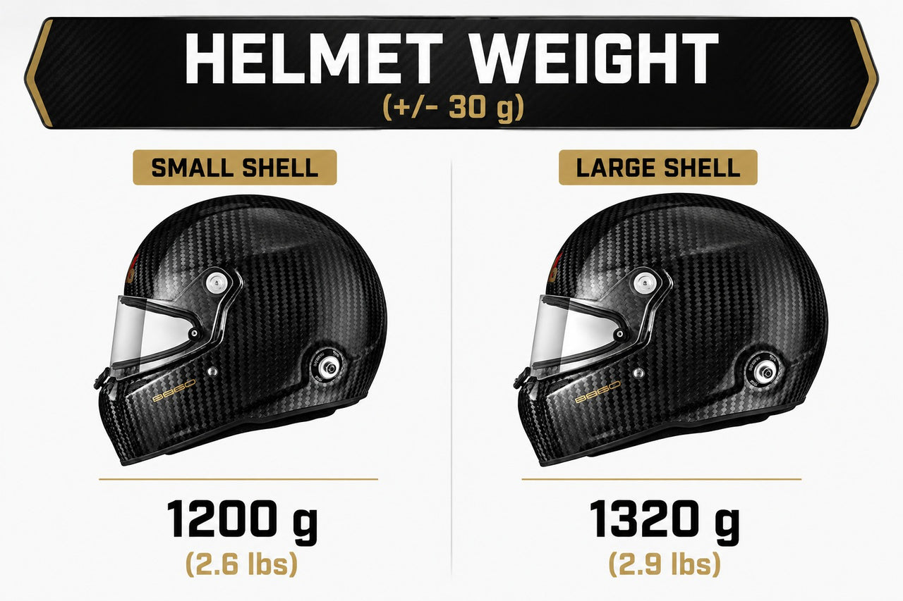 Stilo ST5 FN 8860-2018 ABP helmet weight chart showing small shell at 1200 grams and large shell at 1320 grams-image