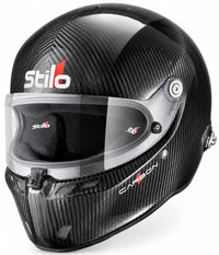 Thumbnail for A Stilo full-face racing helmet in glossy black carbon fiber, featuring a clear visor and white and red brand logos on the forehead and chin.