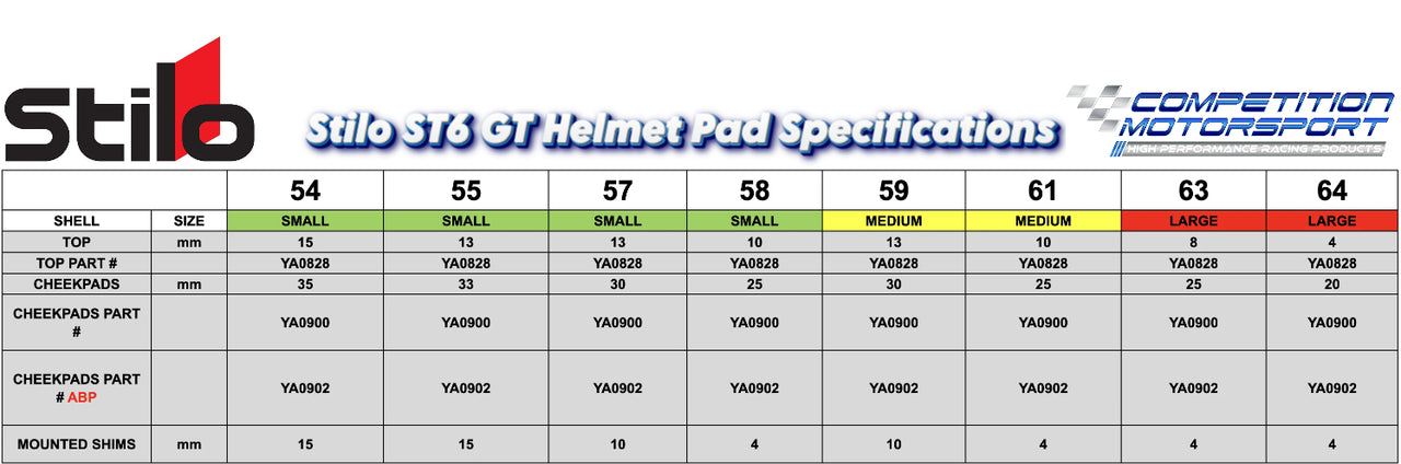 Chart showing Stilo ST6 GT helmet shell sizes and interior pad specs