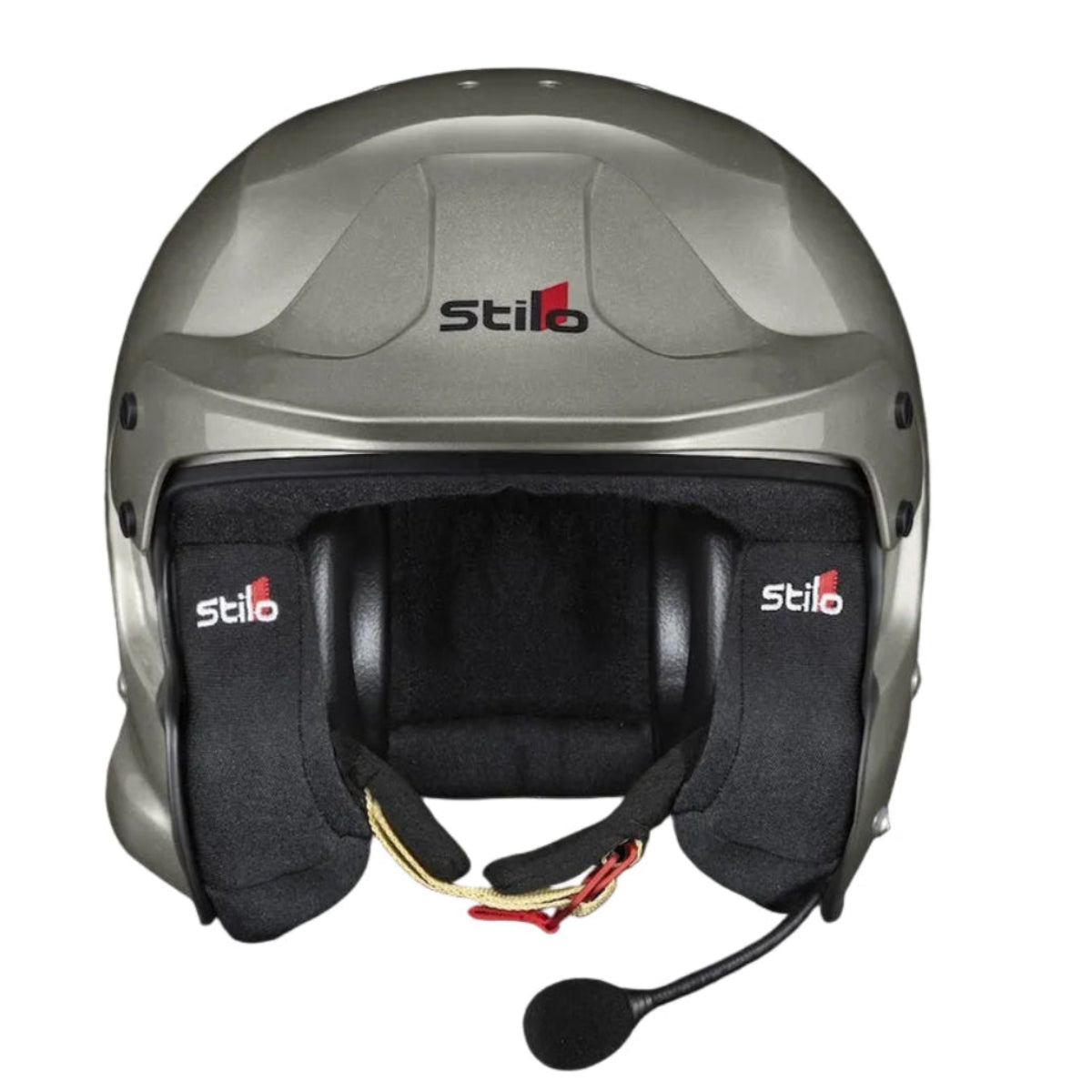 Stilo Venti4 Trophy Plus Titanium SA2025 FIA 8859 Rally Helmet front view with open face interior and microphone boom-image