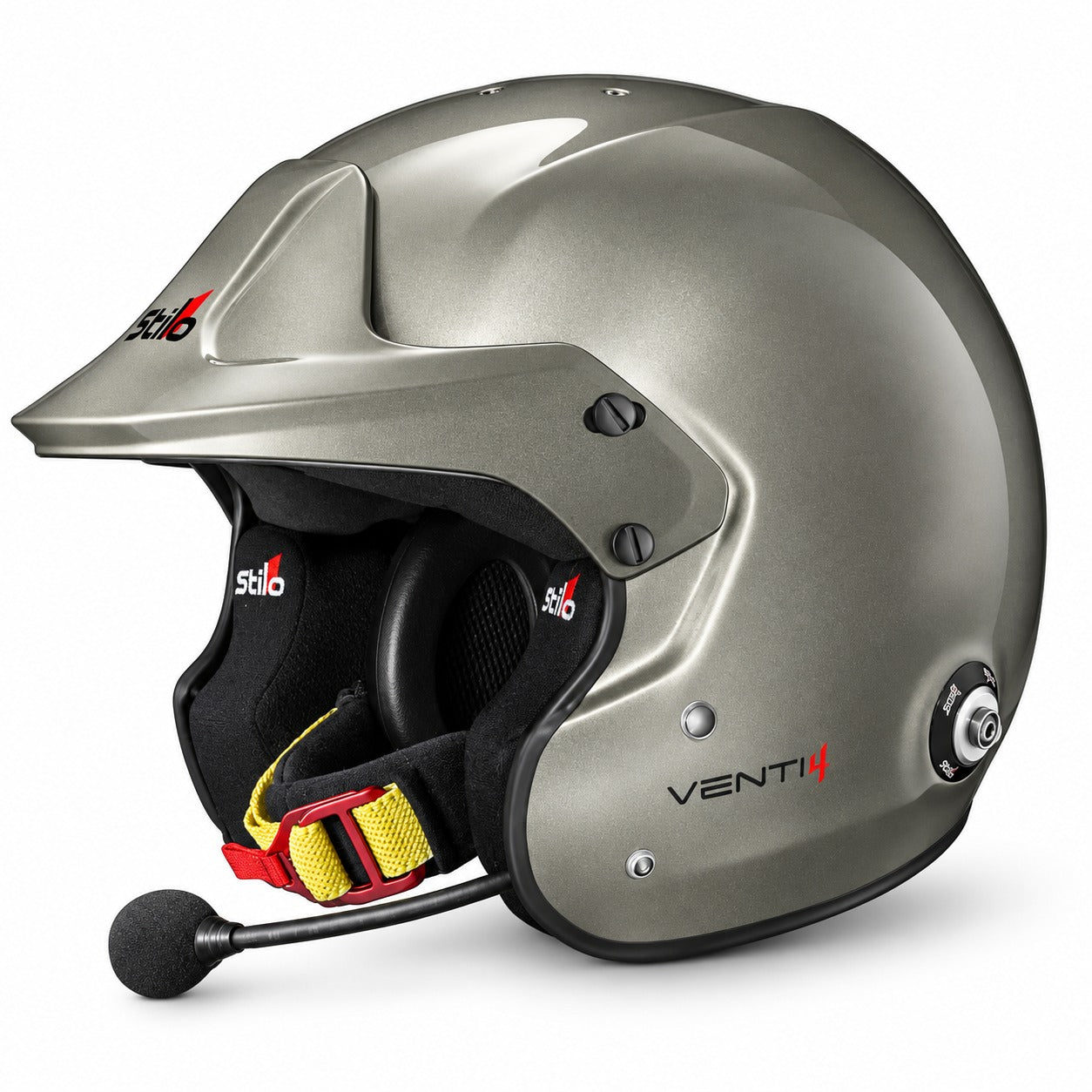 Stilo Venti4 Trophy Plus Titanium SA2025 FIA 8859 Rally Helmet interior angle showing open face padding and microphone-image